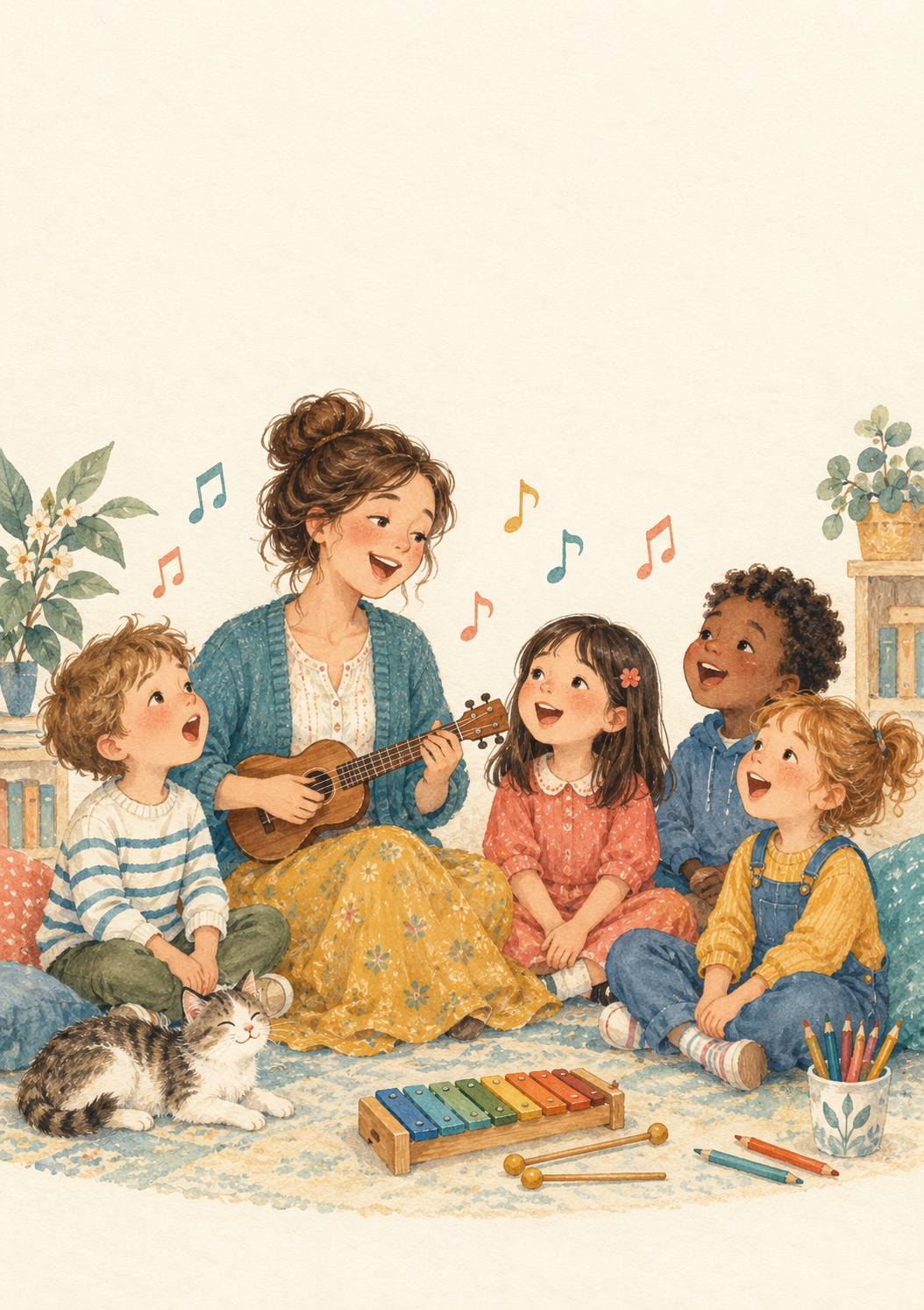 Une maîtresse et des enfants chantent ensemble, accompagnés d’un ukulélé et d’un xylophone.